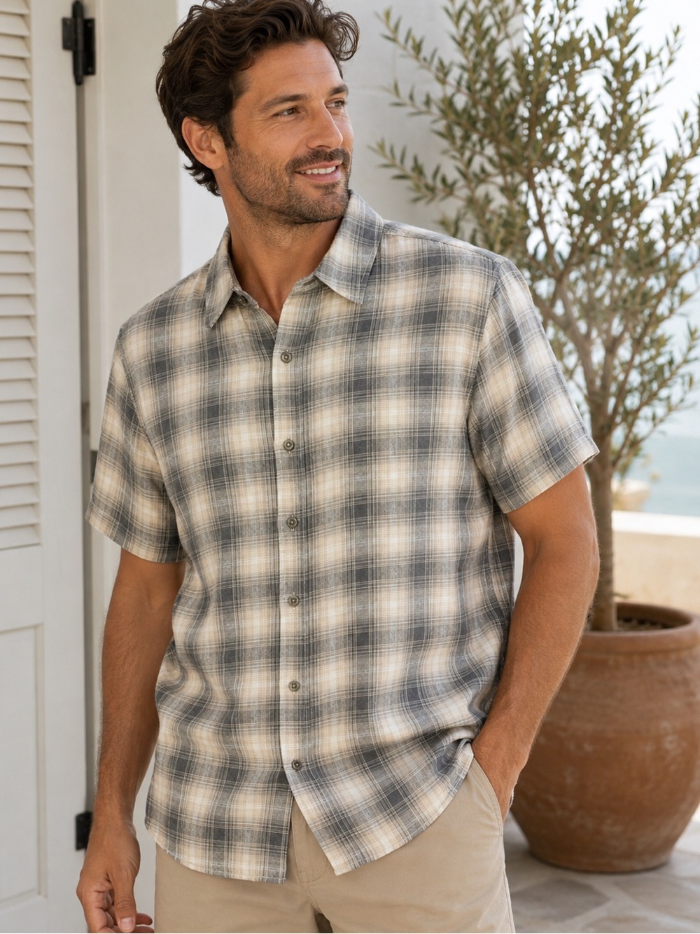 NWT Magaschoni Mens Plaid Linen Blend Camp Shirt Gray Cream Size M